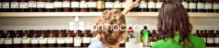farmacopia logo with pharmacist in background