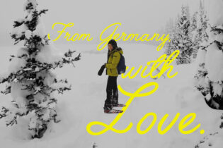 woman snowshoeing with text from germany with love